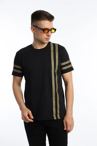 Erkek Yaldız Baskılı Regular Fit Tişört Siyah