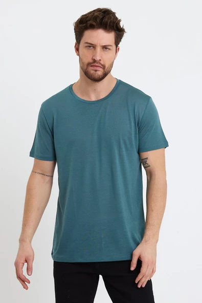 Erkek Tencel Kumaş Bisiklet Yaka T-shirt Nefti
