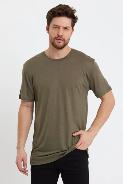 Erkek Tencel Kumaş Oversize T-shırt Haki