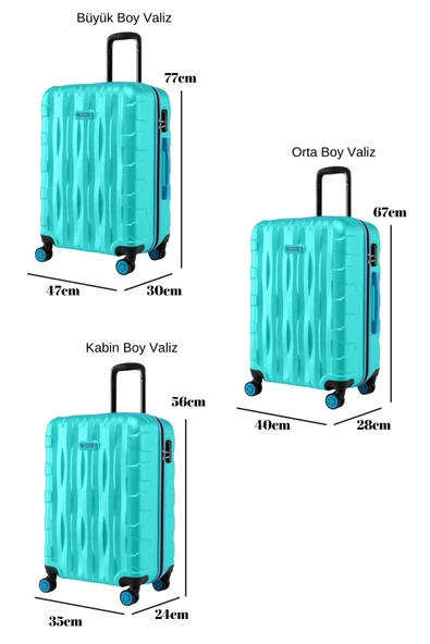 3'lü Valiz Seti Büyük Boy - Orta Boy - Kabin Boy Su Yeşili 1167 - 3