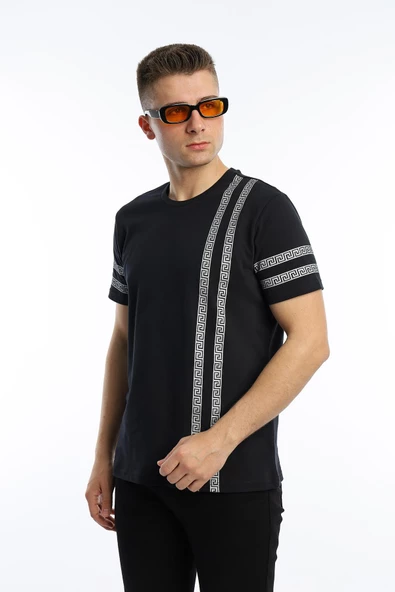Erkek Yaldız Baskılı Regular Fit Tişört Siyah Gümüş