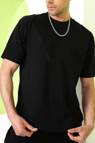 Erkek Kol Detaylı T-shirt Siyah - 2