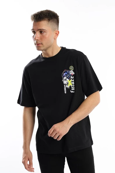 Erkek Oversize Fit Future Baskılı Basic Tişört Siyah - 3