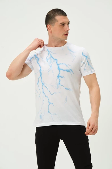 Erkek Şimşek Baskılı Regular Fit Tişört Beyaz - 3