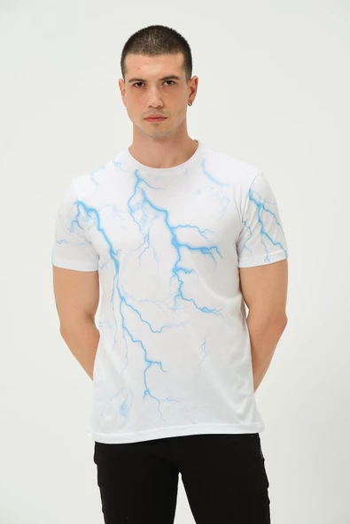 Erkek Şimşek Baskılı Regular Fit Tişört Beyaz