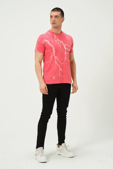 Erkek Şimşek Baskılı Regular Fit Tişört Rose Red - 2