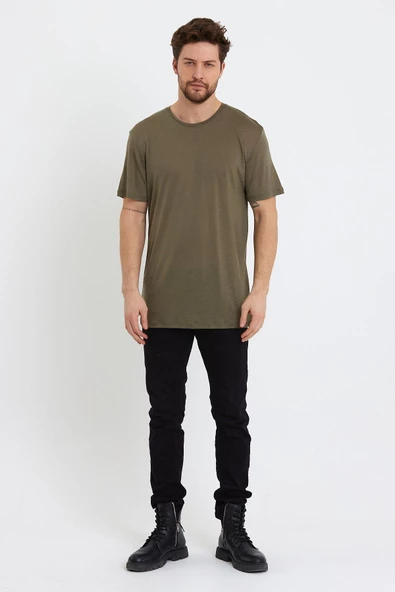 Erkek Tencel Kumaş Oversize T-shırt Haki - 3