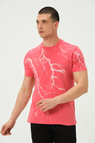 Erkek Şimşek Baskılı Regular Fit Tişört Rose Red - 3
