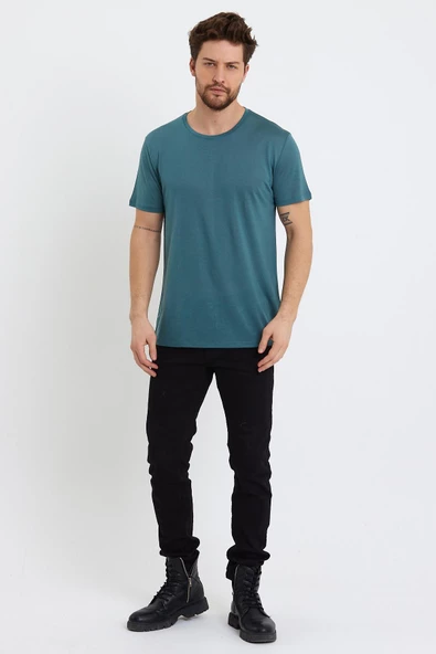 Erkek Tencel Kumaş Bisiklet Yaka T-shirt Nefti - 3
