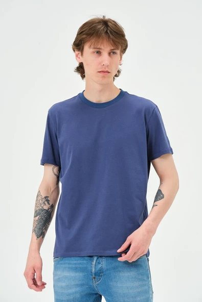 Erkek Bisiklet Yaka Regular Kalıp T-shirt  İndigo