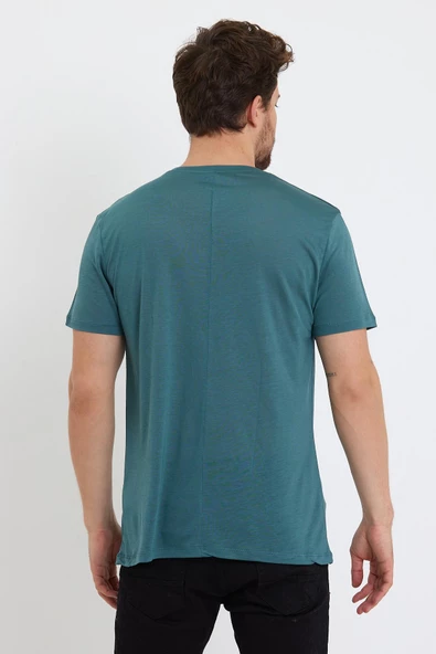 Erkek Tencel Kumaş Bisiklet Yaka T-shirt Nefti - 4
