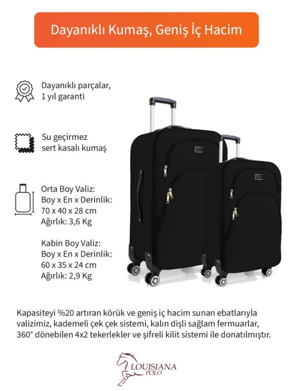 Orta ve Kabin Boy Valiz Seti 4 Teker Kumaş Valiz Siyah 1081 - 2