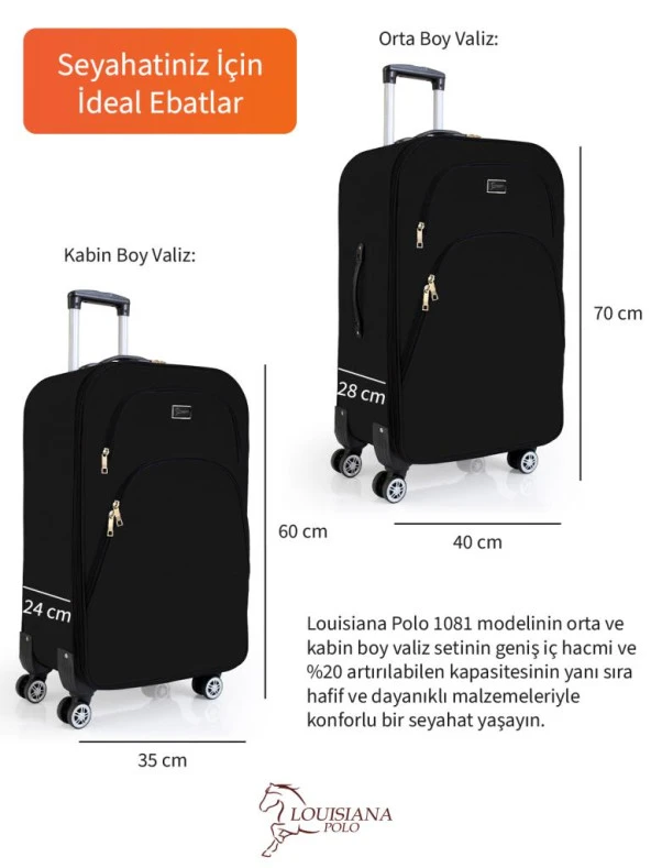 Orta ve Kabin Boy Valiz Seti 4 Teker Kumaş Valiz Siyah 1081 - 3