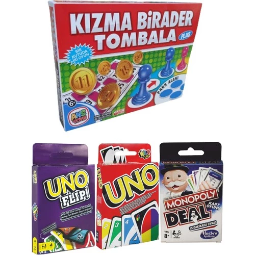 Kızma Birader, Tombala, Uno Klasik, Uno Flip ve Monopoly 4'lü Ekonomik Set