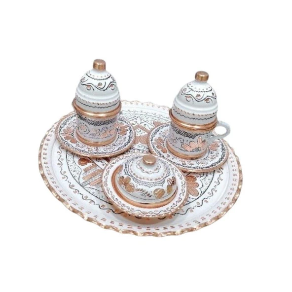 Erzincan El İşlemeli Bakır 2'Lİ KAHVE FİNCAN TAKIMI BEYAZ