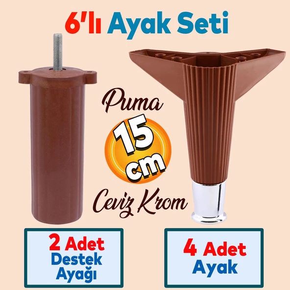 Elista 6'lı Set Mobilya Tv Ünitesi Yükseltici M8 Civatalı Destek Ayağı Ayakları 15 Cm Ceviz Krom