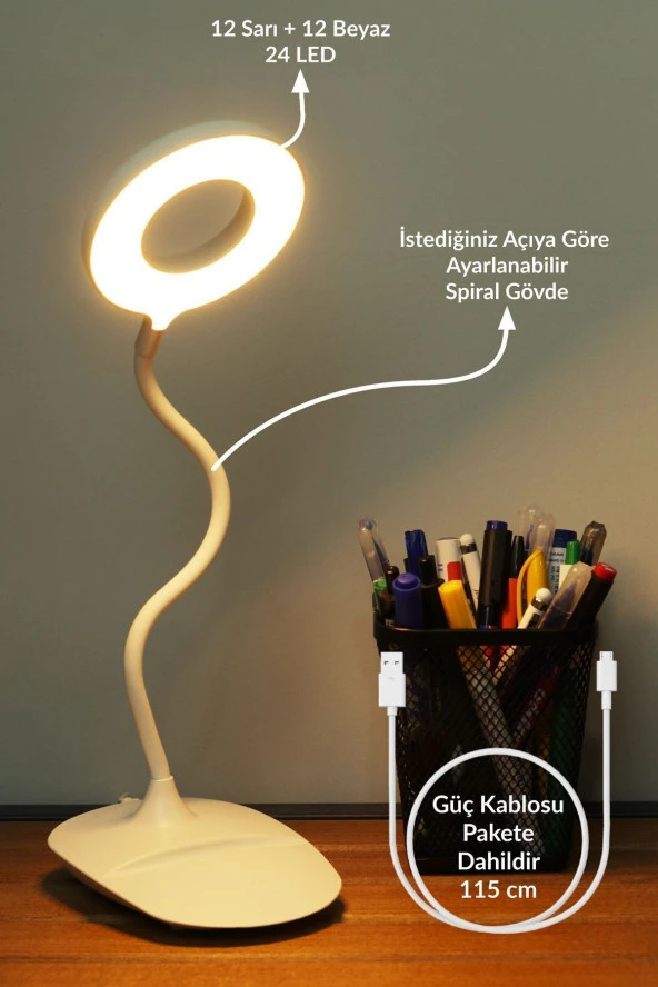 Şarjlı Masa Lambası Dokunmatik 3 Renk 24 Led Telefon Standlı Kademeli Çalışma Okuma Işığı - Resim 4