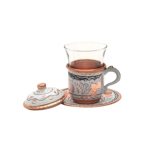 KULPLU BAKIR ÇAY BARDAĞI ERZİNCAN EL İŞLEMELİ BEYAZ - 2