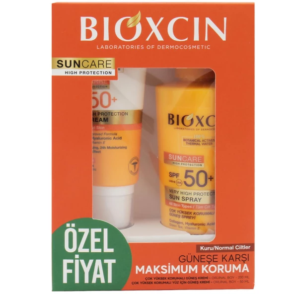 Bioxcin Spf 50+ Kuru/Normal Ciltler İçin Güneş Kremi 50 ml + Tüm Ciltler İçin Güneş Spreyi 200 ml Set