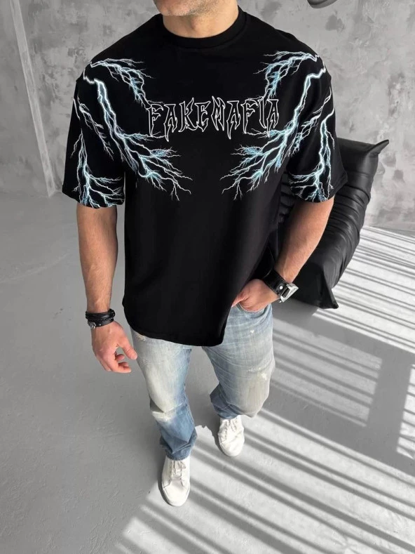 Gucso Erkek Bisiklet Yaka Fake Mafia Yıldırım Desenli Baskılı Oversize T-Shirt-Siyah