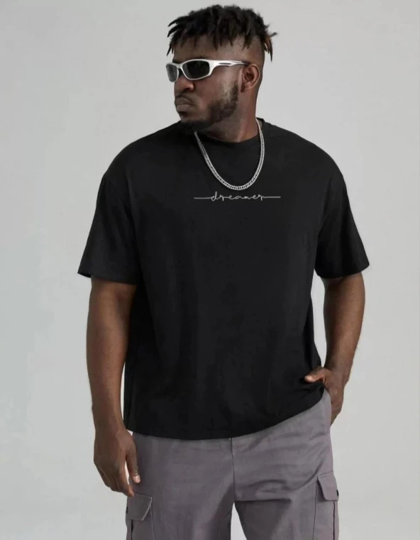 Gucso Erkek Dreamer İmza Baskılı Oversize T-Shirt - Siyah