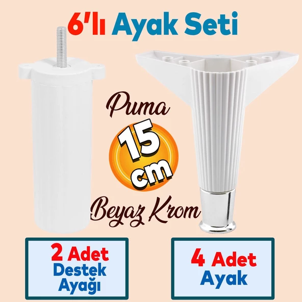 Elista 6'lı Set Mobilya Tv Ünitesi Yükseltici M8 Civatalı Destek Ayağı Ayakları 15 Cm Beyaz Krom