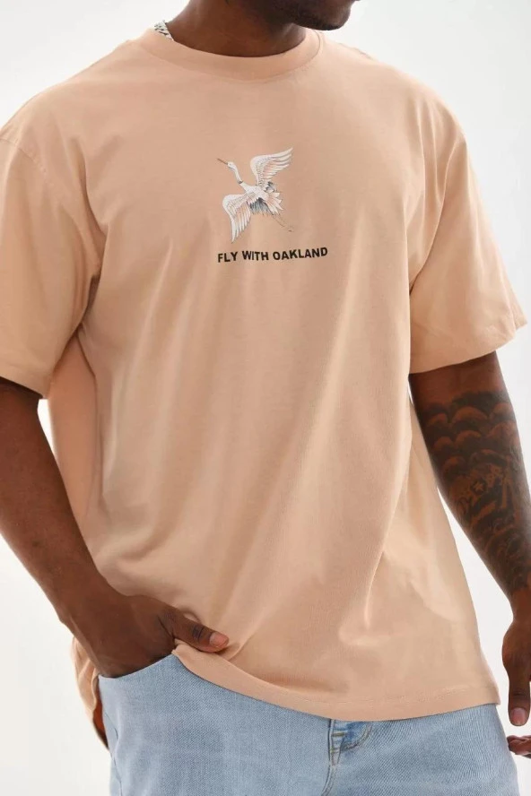 Gucso Erkek Fly With Oakland Leylek Baskılı Oversize T-Shirt - Bej
