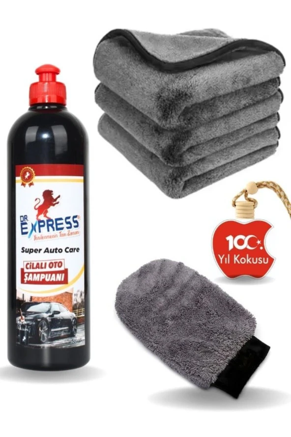 Drexpress 4'lü Oto Yıkama Seti Cilalı Şampuan 500ml 60x90 Cm Mikrofiber Kalın Bez Yıkama Eldiveni 100.yıl Koku