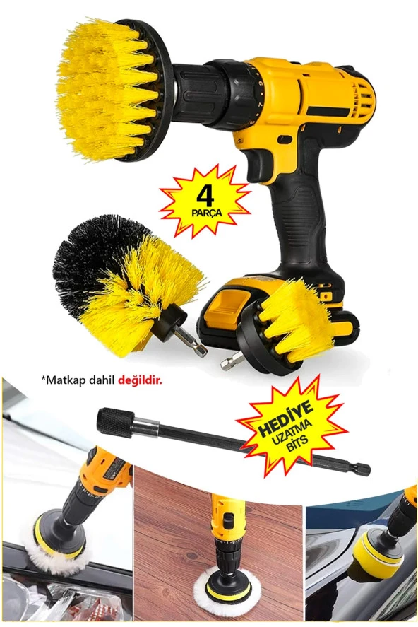 Genel TemizliK 4'lü Çok Amaçlı Araba Bakım Fırçası Tüm Matkaplara Uyumlu Jant Lastik Kotuk Kit - Resim 3