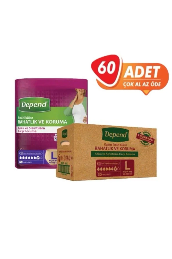 Depend Kadın Emici Külot Büyük Boy (L) 30 ad (2 Paket 60 Adet)