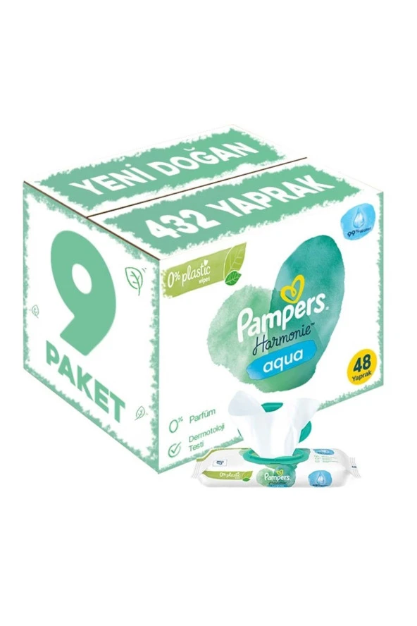 Prima Pampers Harmonie Islak Havlu Mendil Aqua Pure 48 Yaprak 9 Lu Set (432 Yaprak) Organik Pamuk