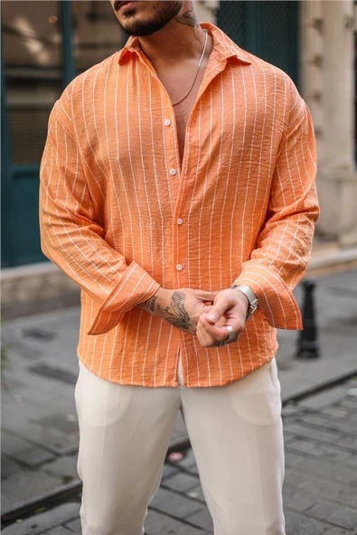 Çizgili Pamuklu Oversize Gömlek - 6