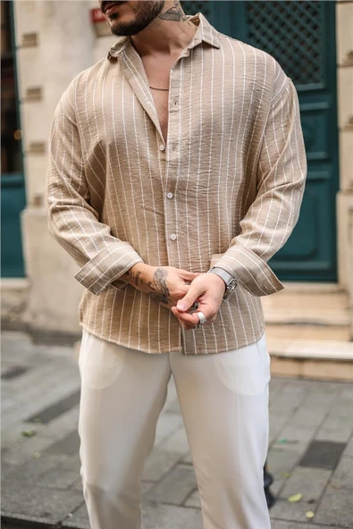 Çizgili Pamuklu Oversize Gömlek - 2