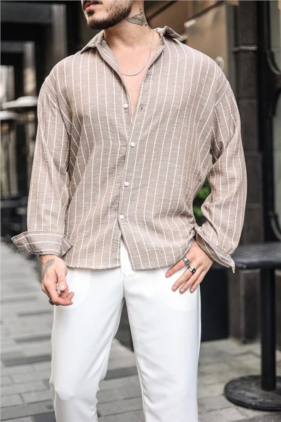 Çizgili Pamuklu Oversize Gömlek - 4