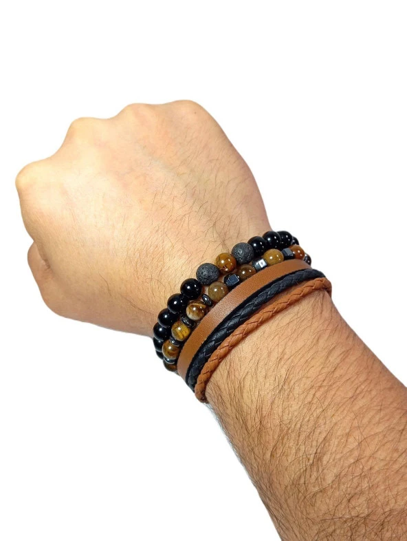 JTSS24KOB1455 DERİ - KAPLANGÖZÜ - ONYX - LAV - HEMATİT DOĞALTAŞ KOMBİN BİLEKLİK - 2