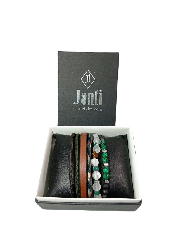 JTSS24KOB1458 DERİ - ONYX - MALAHİT - KUVARS - HEMATİT DOĞALTAŞ KOMBİN BİLEKLİK - 3