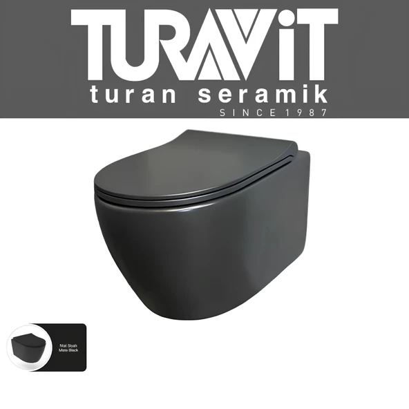 Turavit Rondo Kanalsız Mat Siyah Asma Klozet, Turavit Yavaş Kapak