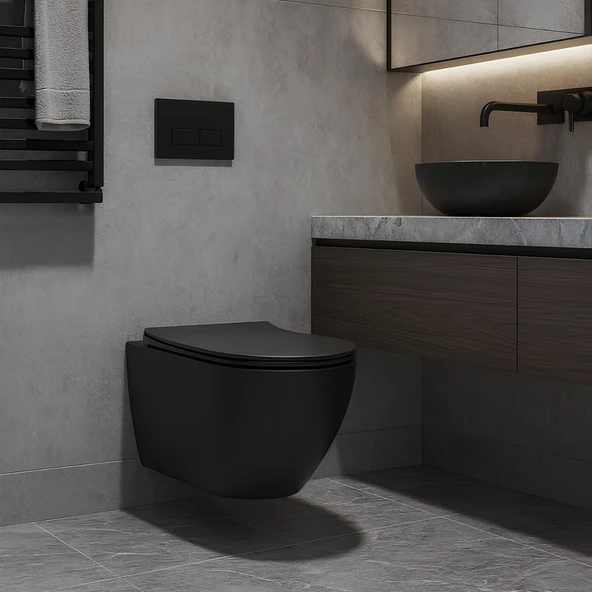 Turavit Rondo Mat Siyah Kanalsız Asma Klozet RND5512B, Turavit Rondo Duroplast Yavaş Kapak ürün görseli 1