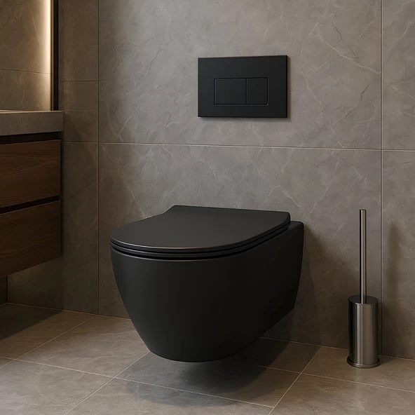 Turavit Rondo Mat Siyah Kanalsız Asma Klozet RND5512B, Turavit Rondo Duroplast Yavaş Kapak - Resim 6