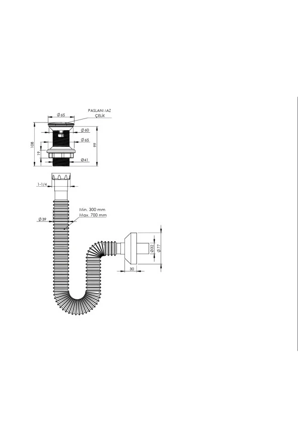 Felix Pop Up Sifon Paslanmaz Başlıklı , Körüklü Gider Borusu 220039 - 2