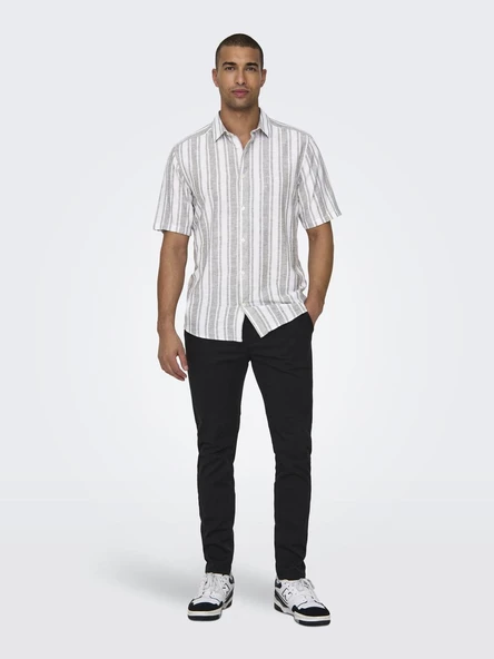 ONLY&SONS Erkek Çizgi Desenli Keten Gömlek 22028420 - Resim 4