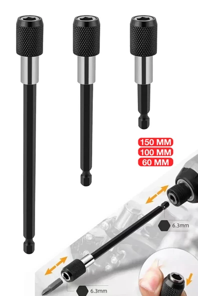 Profesyonel  Paslanmaz Vanadium Çelik   6 10 15 Cm 3 Lü Bits Uzatma Adaptörü 3 Adet - 7