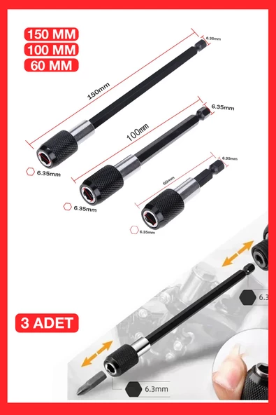 Profesyonel  Paslanmaz Vanadium Çelik   6 10 15 Cm 3 Lü Bits Uzatma Adaptörü 3 Adet - 5