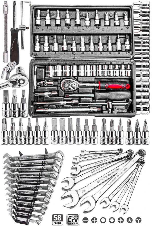 Premium 58 Parça 46Mini Lokma Takımı Otomatik Cırcırlı 1/4" 12 Parça Kombine Açık Ağız-yıldız Takım