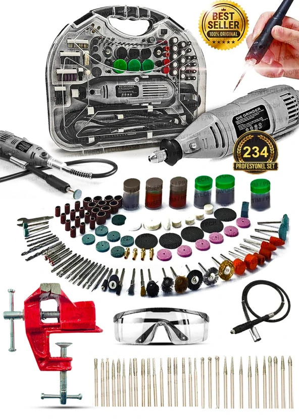 Pro 234PCS 450 Watt 6 Kademe Devirli  Çantalı Dramel Gravür Seti Taşlama, Esnek Şaft Mengene Hediye ürün görseli