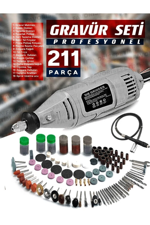 Premium Çok Amaçlı Devir Ayarli 211 Parça Hobi Gravür Seti El Motoru Usta Set Esnek Şaft Hediyeli - 2