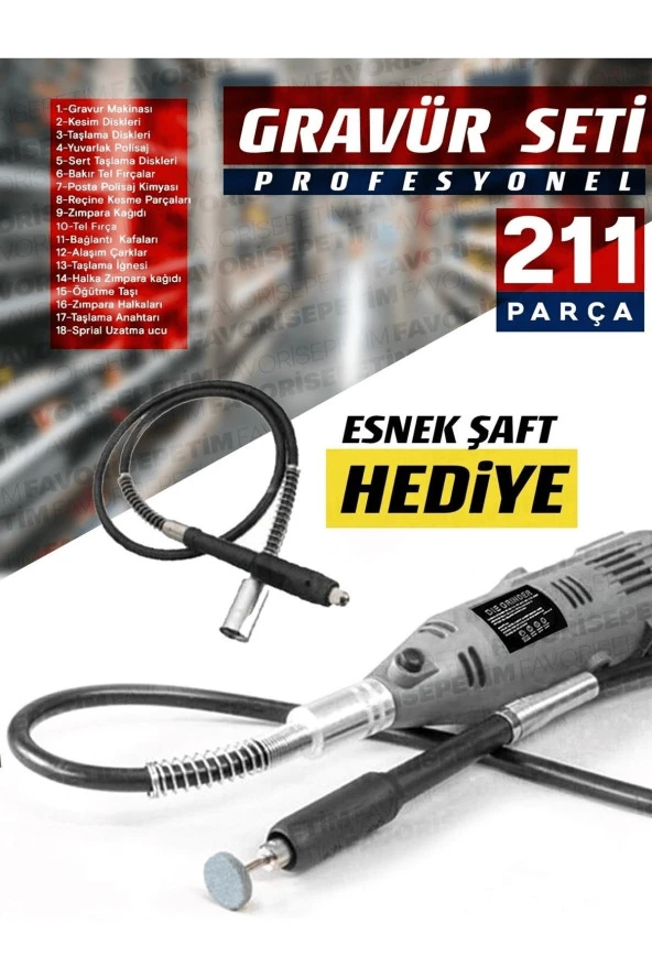 Premium Çok Amaçlı Devir Ayarli 211 Parça Hobi Gravür Seti El Motoru Usta Set Esnek Şaft Hediyeli - 3