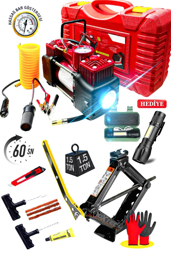 Combo  12V 150PSI Ağır Hizmet Çift Silindirli Çantalı Hava Kompresörü 1500KG  Cırcırlı Kriko Set