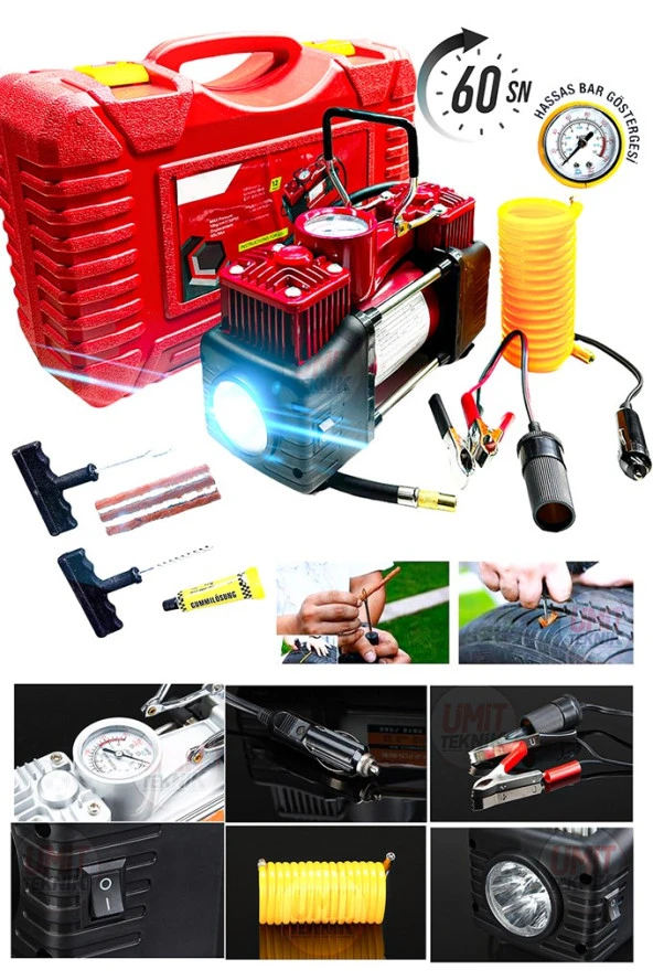 Combo  12V 150PSI Ağır Hizmet Çift Silindirli Çantalı Hava Kompresörü 1500KG  Cırcırlı Kriko Set - 2