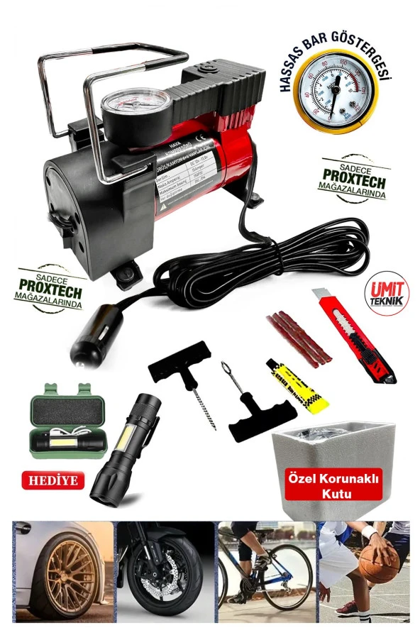 Premium Pratik 12 V Araba Oto Araç Lastik Şişirme Pompası 160 Psi Metal Gövde Kompresör Combo Set - Resim 2
